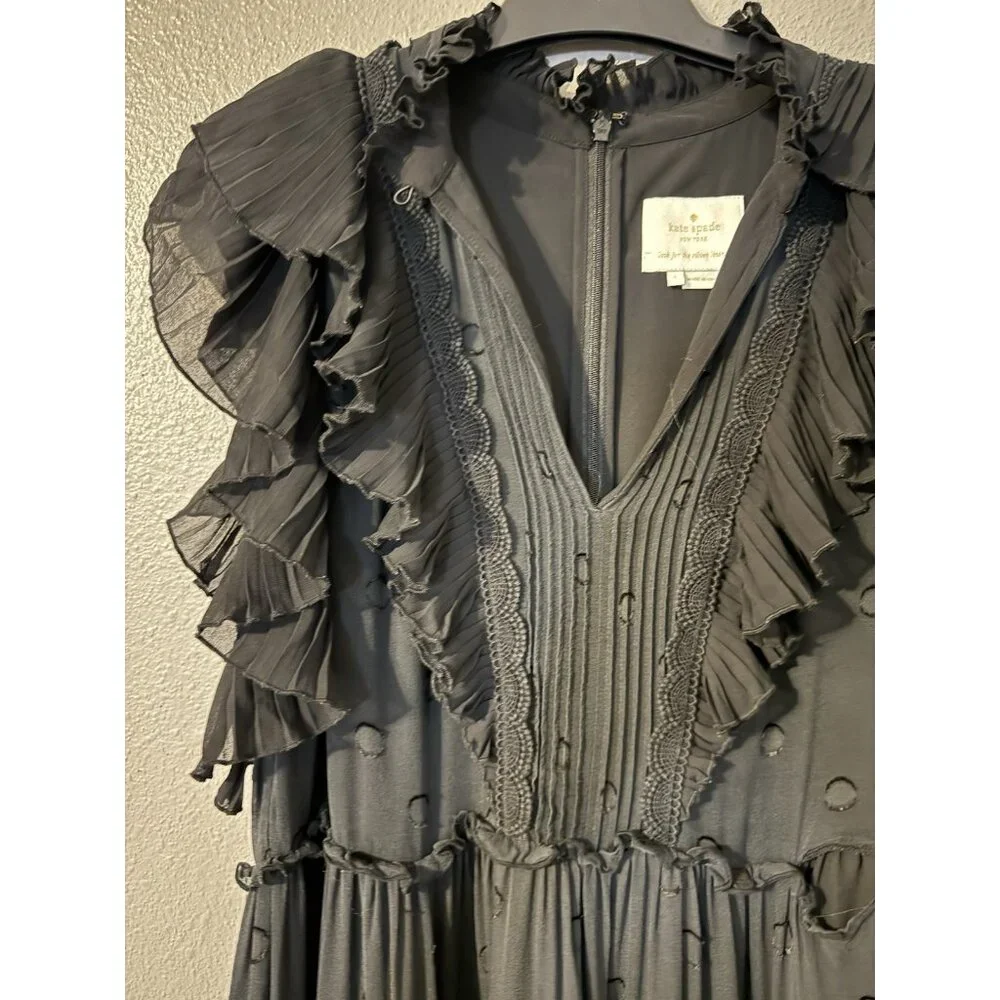 Kate Spade Devore Dress 6 Black Silk Mix Bakery Dot Ruffle Dress